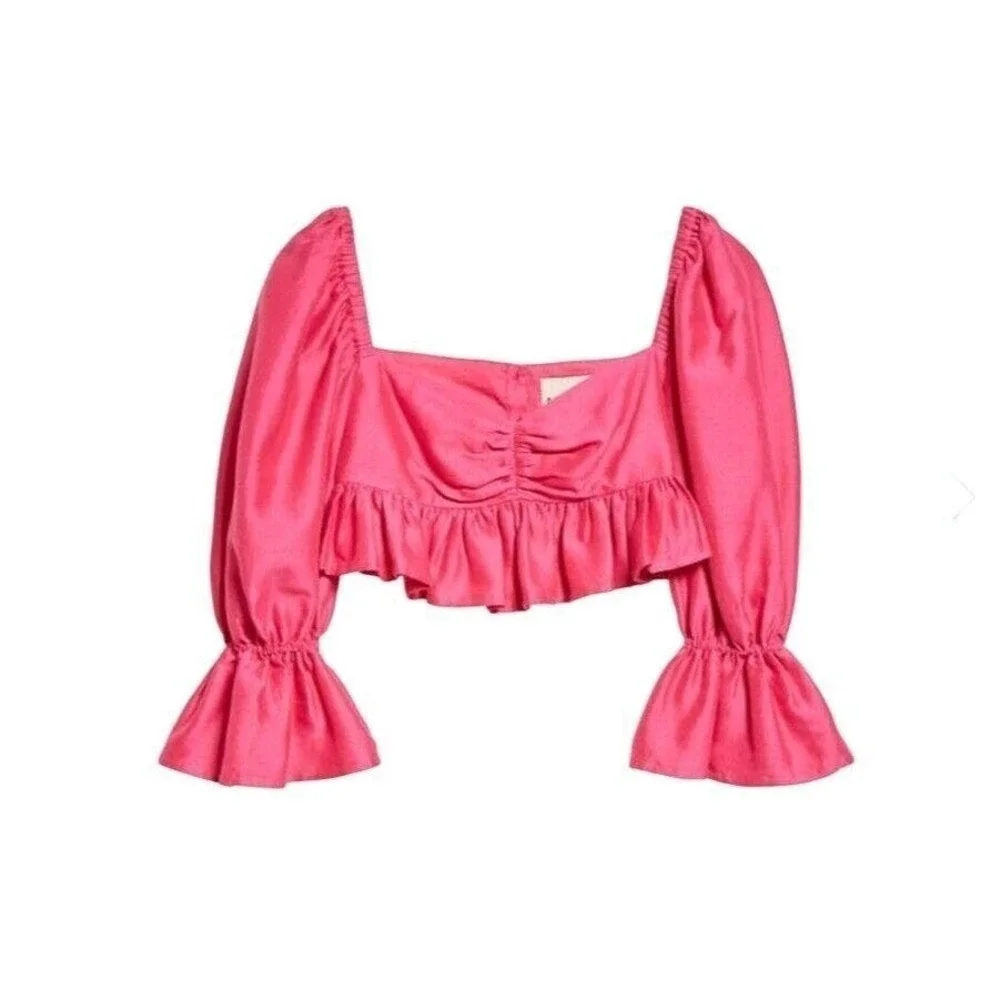 ALEMAIS Blaire Ruffle Blouson Crop Top Pink Puff Silk Cotton Size 4 NWOT